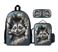 WECECE Backpack Little Raccoon Set with Pencil Case and Lunch Bag for Boys Age 10, Book Pack 3D Animal with Lunch Tote and Pencil Case Year 1 for Young Learners Study Sessions Travel