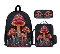 WECECE Backpack Mushroom Set with Lunch Bag Pencil Case Plant Theme for Kids Age 9 Year 4, Practical Student Bundle for Outdoor Adventures and Holidays