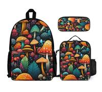WECECE Backpack Mushroom with Lunch Bag and Pencil Case for Children 8-10 Years, Bookbag Plant Theme with Lunch Box Pencil Case Year 3-5 for Boys Sports Clubs and Holidays