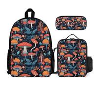 WECECE Backpack Mushroom with Pencil Case and Lunch Tote Plant Theme for Teens Age 12 Year 7, 3pcs Student Collection for School Holidays Sports and Daily Lessons