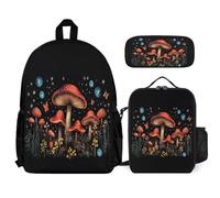 WECECE Backpack Mushroom with Pencil Case and Lunch Tote Plant Theme for Teens Age 12 Year 7, 3pcs Student Collection for School Holidays Sports and Daily Lessons