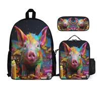 WECECE Backpack Pig 3 Piece Set with Lunch Box Colourful Piglet Pencil Case for Secondary Students Age 10 Year 12, Organised School Collection for Travel