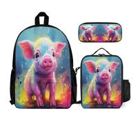 WECECE Backpack Pig with Lunch Box Pencil Case for Children Age 7, School Bag Colourful Piglet with Lunch Box Pencil Case Year 7 for Young Learners Sports Clubs and Holidays