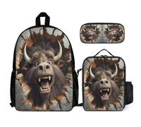 WECECE Backpack Set Musk Ox with Pencil Case and Lunch Box Bull 3D Crackle Print for Students 8-10 Years Year 3-4, Practical Carry Collection for Outdoor Adventures and Learning