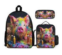 WECECE Backpack Set Pig with Pencil Case and Lunch Box Colourful Piglet for Students 8-10 Years Year 3-4, Practical Carry Collection for Outdoor Adventures and Learning