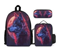 WECECE Backpack Set Wolve with Lunch Box Pencil Case Animal Wolf for Teen Students Age 15 Year 10, Matching School Supplies Collection for Family Trips