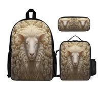 WECECE Backpack Sheep Pattern 3pcs Set with Insulated Lunch Tote & Pencil Case for Kids Age 7, School Bag Lamb School Supplies Bundle Year 1-2 for Girls Sports Clubs and Holidays