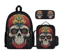 WECECE Backpack Skull 3-Piece School Backpack Set with Lunch Bag Skeleton Pencil Case for Girls Boys Age 13 Year 8, Student Essentials for Sports Clubs and Travel