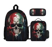WECECE Backpack Skull with Lunch Bag and Pencil Case for Children 8-10 Years, Bookbag Skeleton with Lunch Box Pencil Case Year 3-5 for Boys Sports Clubs and Holidays