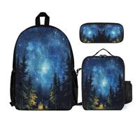 WECECE Backpack Starry Sky Set with Lunch Tote and Pencil Case for Kids Age 6, School Backpack Colourful 3 Piece Set Year 6 for Boys Daily Carry and Trips