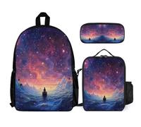WECECE Backpack Starry Sky with Lunch Box Pencil Case for Children Age 7, School Bag Colourful with Lunch Box Pencil Case Year 7 for Young Learners Sports Clubs and Holidays