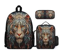 WECECE Backpack Tiger 3 Piece Collection with Lunch Tote 3D Animal and Pencil Case for Teenagers 13-15 Years Year 8-10, Student Organiser for Outdoor Study