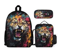 WECECE Backpack Tiger 3 Piece Set for Kids Age 7, Book Pack Animal Tiger with Lunch Tote and Pencil Case Year 7 for Girls Daily Carry and Trips