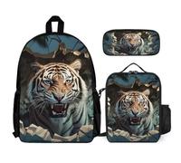 WECECE Backpack Tiger Motif 3-Piece School Backpack Set with Lunch Bag 3D Animal Pencil Case for Girls Boys Age 13 Year 8, Student Essentials for Sports Clubs and Travel