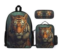 WECECE Backpack Tiger with Pencil Case and Lunch Tote Animal Theme for Teens Age 12 Year 7, 3pcs Student Collection for School Holidays Sports and Daily Lessons