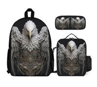 WECECE Backpack White Headed Eagle 3pcs Set with Insulated Lunch Tote & Pencil Case for Kids Age 7, School Bag Bird Theme School Supplies Bundle Year 1-2 for Girls Sports Clubs and Holidays