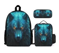 WECECE Backpack Wolf 3-Piece School Backpack Set with Lunch Bag Animal Wolve Pencil Case for Girls Boys Age 13 Year 8, Student Essentials for Sports Clubs and Travel