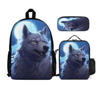 WECECE Backpack Wolf School Supplies Bundle with Lunch Bag Animal Wolve and Pencil Case for Children 8-10 Years Year 3-5, Practical Carry Collection for Study and Excursions