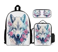 WECECE Backpack Wolve 3pcs Set with Insulated Lunch Tote & Pencil Case for Kids Age 7, School Bag Animal Wolf School Supplies Bundle Year 1-2 for Girls Sports Clubs and Holidays