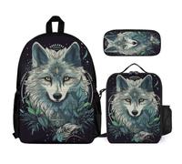WECECE Backpack Wolve School Supplies Bundle with Lunch Bag Animal Wolf and Pencil Case for Children 8-10 Years Year 3-5, Practical Carry Collection for Study and Excursions