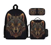 WECECE Backpack Wolve School Supplies Bundle with Lunch Tote Animal Wolf and Pencil Case for Girls Boys Age 12 Year 7, Practical Student Organiser for Sports