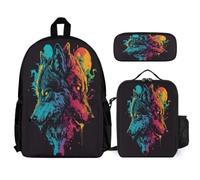 WECECE Backpack Wolve with Lunch Bag and Pencil Case for Children 8-10 Years, Bookbag Animal Wolf with Lunch Box Pencil Case Year 3-5 for Boys Sports Clubs and Holidays