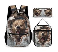 WECECE Bear School Bag Set with Pencil Case and Lunch Bag for Kids Age 6, 3D Animal Theme Backpack 3 Piece Set Year 6 for Girls School Journeys Learning Sessions and Holiday Travel