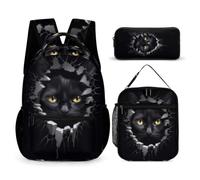 WECECE Black Cat Backpack School Supplies Bundle for Children 8-10 Years, 3D Kitten Backpack with Pencil Case and Lunch Bag Year 7 for Boys Sports Clubs Holiday Travel and Daily Carry