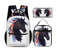 WECECE Black,Horse Book Pack 3 Piece Set for Students 9-11 Years, Animal Motif Bookbag with Pencil Case and Lunch Bag Year 6 for Boys Camping Holidays Outdoor Activities and Learning Sessions