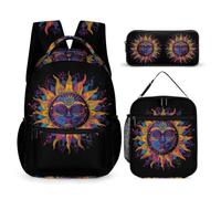 WECECE Bohemian Sun Backpack with Lunch Box Pencil Case for Children Age 10, Sun God Book Pack 3 Piece Set Year 7 for Girls Daily Study Classroom Lessons and Travel Activities