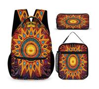 WECECE Bohemian Sun Bookbag 3 Piece Set for Students Age 9, Sun God Book Pack with Lunch Box Pencil Case Year 5 for Primary Students Birthday Gift School Supplies and Travel Use