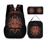WECECE Bohemian Sun School Bag 3 Piece Set for Boys 10-12 Years, Sun God Book Pack with Lunch Box Pencil Case Year 3-5 for Boys Sports Clubs Holiday Travel and Daily Carry