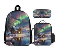 WECECE Book Pack Aurora Cabin 3pcs Set with Insulated Lunch Bag Chalet Print & Pencil Case for Girls Boys 7-9 Years Year 2-3, Student Carry Gear for Activities