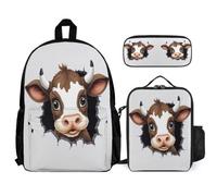WECECE Book Pack Bull Set with Pencil Case and Lunch Bag for Kids Age 12, Bookbag Animal Cow Print 3 Piece Set Year 4-6 for Young Learners Sports Clubs and Holidays