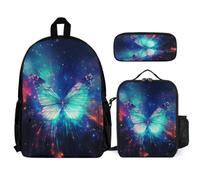 WECECE Book Pack Butterfly Set with Pencil Case and Lunch Bag for Kids 7-9 Years, Backpack 3 Piece Set Year 2-4 for Girls Daily Carry and Trips