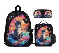 WECECE Book Pack Cat 3pcs Set with Insulated Lunch Tote & Pencil Case for Students Age 11, Bookbag Kitten Animal 3 Piece Set Year 5 for Boys Outdoor Learning and Travel