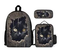WECECE Book Pack Cat Black School Supplies Bundle for Boys Age 6, Book Pack 3D Kitten with Pencil Case and Lunch Bag Year 5-7 for Young Learners Family Trips and Activities