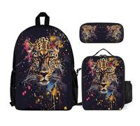 WECECE Book Pack Cheetah Set with Pencil Case and Lunch Bag for Kids 7-9 Years, Backpack Leopard Animal 3 Piece Set Year 2-4 for Girls Daily Carry and Trips