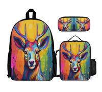 WECECE Book Pack Elk Set with Pencil Case and Lunch Bag for Kids Age 8, Bookbag Animal Deer with Lunch Box Pencil Case Year 1 for Boys Outdoor Learning and Travel