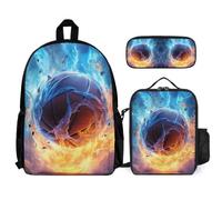 WECECE Book Pack Fire Basketball 3pcs Set with Insulated Lunch Tote & Pencil Case for Students Age 11, Bookbag Basketball 3 Piece Set Year 5 for Boys Outdoor Learning and Travel