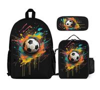 WECECE Book Pack Football Set with Pencil Case and Lunch Bag for Kids Age 12, Bookbag Soccer Ball 3 Piece Set Year 4-6 for Young Learners Sports Clubs and Holidays