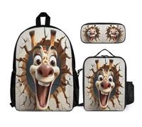 WECECE Book Pack Giraffe 3pcs Set with Insulated Lunch Tote & Pencil Case for Students Age 11, Bookbag 3D Animal Cracker 3 Piece Set Year 5 for Boys Outdoor Learning and Travel