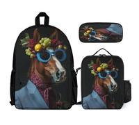 WECECE Book Pack Horse Set with Lunch Tote and Pencil Case for Boys 9-11 Years, Book Pack Animal Horse 3 Piece Set Year 2-4 for Primary Students Study Sessions and Travel