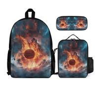 WECECE Book Pack Ice and Fire Basketball 3pcs Set with Insulated Lunch Tote & Pencil Case for Students Age 11, Bookbag Basketball 3 Piece Set Year 5 for Boys Outdoor Learning and Travel
