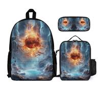 WECECE Book Pack Ice and Fire Basketball Set with Pencil Case and Lunch Bag for Kids 7-9 Years, Backpack Basketball 3 Piece Set Year 2-4 for Girls Daily Carry and Trips