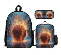 WECECE Book Pack Ice and Fire Basketball with Lunch Box Pencil Case for Children Age 6, Bookbag Basketball School Supplies Bundle Year 7 for Primary Students Study Sessions and Travel