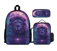WECECE Book Pack Lion Motif Set with Pencil Case and Lunch Bag for Kids Age 8, Bookbag Lions Animal King with Lunch Box Pencil Case Year 1 for Boys Outdoor Learning and Travel