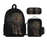 WECECE Book Pack Lion with Lunch Box Pencil Case for Children Age 6, Bookbag Animal King School Supplies Bundle Year 7 for Primary Students Study Sessions and Travel