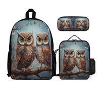 WECECE Book Pack Owl 3pcs Set with Insulated Lunch Tote & Pencil Case for Students Age 11, Bookbag Bird Theme 3 Piece Set Year 5 for Boys Outdoor Learning and Travel