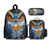 WECECE Book Pack Owl Pattern Set with Pencil Case and Lunch Bag for Kids 7-9 Years, Backpack Bird Prints 3 Piece Set Year 2-4 for Girls Daily Carry and Trips